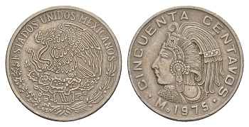 Мексика 50 сентаво 1975 Куаутемок, последний правитель империи ацтеков KM 452 медно-никель 4656-1213