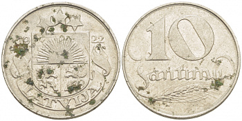 Латвия 10 сантимов 1922 первая Республика (1918-1939) KM 4 никель 3718-245