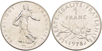 ФРАНЦИЯ 1 ФРАНК 1978 СЕЯТЕЛЬ KM 925.1, LE FRANC 226.23 никель 217-242