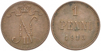 РОССИЯ ДЛЯ ФИНЛЯНДИИ 1 ПЕННИ 1915 НИКОЛАЙ II KM 13, Биткин 475 медь 4396-1459