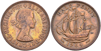 Великобритания 1/2 пенни 1964 Елизавета II (1952-2022) KM 896, Spink 4158 бронза 4591-1042