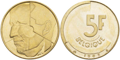 БЕЛЬГИЯ 5 ФРАНКОВ 1992 BELGIQUE, БОДУЭН I (1951-1993) KM 163 латунь или алюминиевая бронза 4364-2551