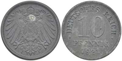 ГЕРМАНИЯ 10 ПФЕННИГОВ 1921 (1917-1922) KM 26, J. 299, Weege 8 цинк 210-314