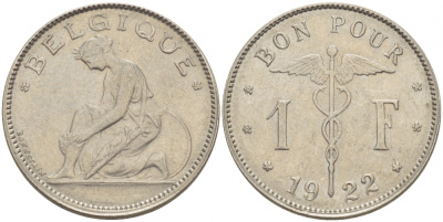 Бельгия 1 франк 1922 Belgique, Альберт I (1910-1934) KM 89 никель 261-945