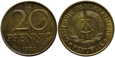 ГДР 20 пфеннигов 1969 А, первый год KM 11 латунь UNC 4397-155