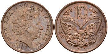 Новая Зеландия 10 центов 2007 маска Маори, Елизавета II (1952-) KM 117а сталь плакированная медью 4179-614