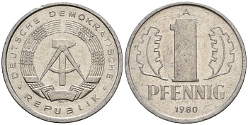 ГДР 1 пфенниг 1980 A KM 8.2 алюминий 188-133