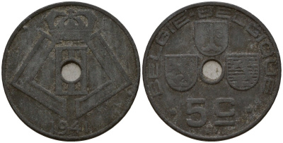 Бельгия 5 сантимов 1941 Belgie - Belgique, Леопольд III (1934-1947), германская оккупация, Вторая мировая война KM 124 цинк 4160-1126