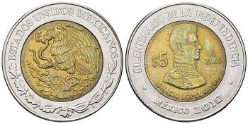 Мексика 5 песо 2008 Mo, 200 лет независимости - Игнасио Лопес Район KM 894 биметалл 186-815