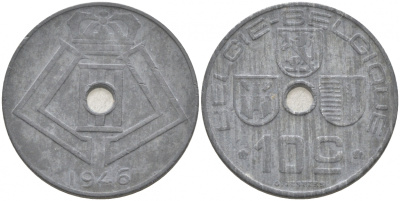 БЕЛЬГИЯ 10 САНТИМОВ 1946 BELGIE-BELGIQUE KM 126 цинк 68-225