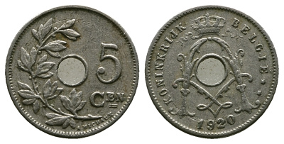 БЕЛЬГИЯ 5 САНТИМОВ 1920 BELGIE KM 67 медно-никель 261-1253