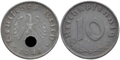 ГЕРМАНИЯ 10 РЕЙХСПФЕННИГОВ 1941 D KM 101, J. 371 цинк 4401-737