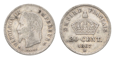 Франция 20 сантимов 1867 BB, Наполеон III (1852-1870) KM 808.2 серебро 4169-754