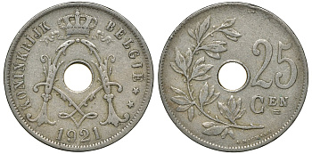 БЕЛЬГИЯ 25 САНТИМОВ 1921 BELGIE KM 69 медно-никель 72-453