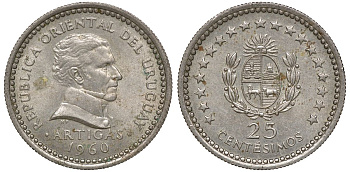 Уругвай 25 сентесимо 1960 KM 40 медно-никель 4169-853