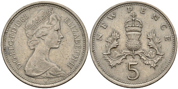 Великобритания 5 пенсов 1968 Елизавета II (1952-2022) KM 911, Spink 4233 (D1) медно-никель 4187-841