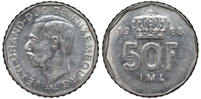 Люксембург 50 франков 1988 Великий герцог Жан (1964-1999) KM 62 никель 4143-135