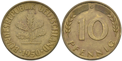 ФРГ 10 пфеннигов 1950 G KM 108, J.383 сталь плакированная латунью 4575-145