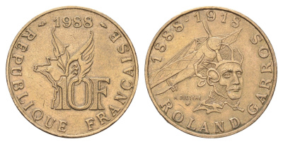 Франция 10 франков 1988 100 лет со дня рождения Ролана Гарроса KM 965 никель латунь    4660-256
