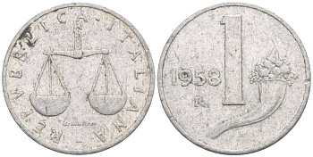 ИТАЛИЯ 1 ЛИРА 1958 R, РОГ ИЗОБИЛИЯ, ВЕСЫ KM 91 алюминий 4549-126