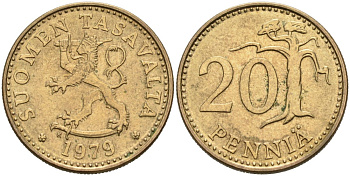 ФИНЛЯНДИЯ 20 ПЕННИ 1979 K KM 47 алюминиевая бронза 4563-326