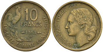 Франция 10 франков 1951 B, петух KM 915.2, Le Franc 363.4 алюминиевая бронза 4143-1055