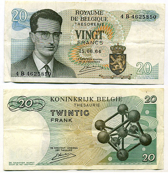 Бельгия 20 франков 1964 Бодуэн I, атомиум, Esselens Pick 138 (2) бумага 7457-41-2-2