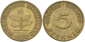 ФРГ 5 пфеннигов 1950 F KM 107 сталь плакированная латунью 4115-455