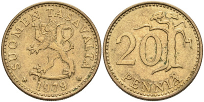 ФИНЛЯНДИЯ 20 ПЕННИ 1979 K KM 47 алюминиевая бронза 4563-326