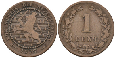 Нидерланды 1 цент 1878 Виллем III (1849-1890) KM 107 бронза 4576-538