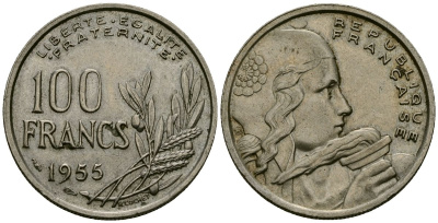 Франция 100 франков 1955 KM 919.1 медно-никель 4575-1012