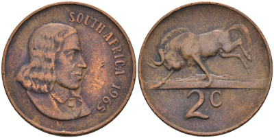 ЮАР 2 цента 1965 Ян ван Рибек (1619-1677), Suid Africa, легенда на африкаанс, антилопа гну KM 66.2 бронза 4595-256