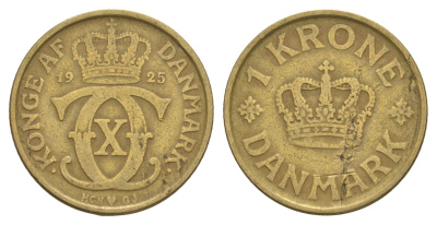 Дания 1 крона 1925 HCN, Кристиан X (1912-1947) KM 824 алюминиевая бронза 4657-331