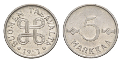 Финляндия 5 марок 1957 KM 37a железо плакированное никелем 4647-445