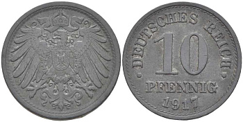 ГЕРМАНИЯ 10 ПФЕННИГОВ 1917 KM 26, J. 299 цинк 4401-124