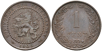 Нидерланды 1 цент 1906 Вильгельмина (1890-1948) KM 132 бронза 4576-663