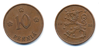Финляндия 10 пенни 1929 республика (1918-1962) KM 24 медь 46-1641