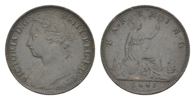 Великобритания 1 фартинг 1881 Виктория (1837-1901) KM 753, Spink 3958 бронза 4630-155