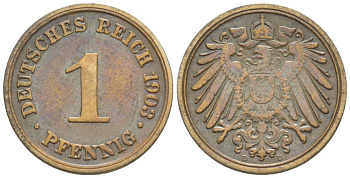 ГЕРМАНИЯ 1 ПФЕННИГ 1903 D KM 10, Jager. 10, Weege 2 медь 4528-1217