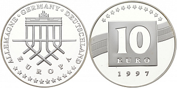 ФРГ 10 евро 1997 БРАНДЕНБУРГСКИЕ ВОРОТА серебро PROOF 02-038-43