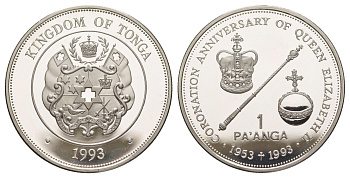 Тонга 1 паанга 1993 40 лет коронации Королевы Елизаветы II KM 144 серебро PROOF 1091-7-24