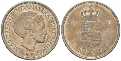 Дания 1 крона 1979 B; S, Маргрете II (1972-) KM 862 медно-никель aUNC 216-124
