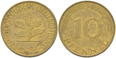 ФРГ 10 ПФЕННИГОВ 1974 G KM 108, J. 383 сталь плакированная латунью 4182-841