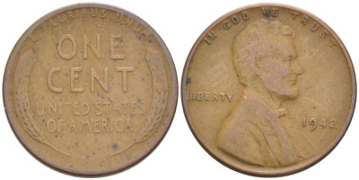 США 1 ЦЕНТ 1942 ЛИНКОЛЬН KM 132 бронза 3309-453