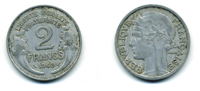 ФРАНЦИЯ 2 ФРАНКА 1949 KM 886а.1 алюминий 84-622