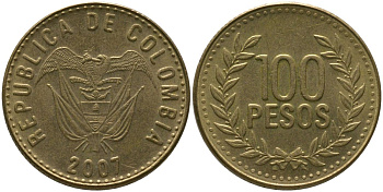 Колумбия 100 песо 2007 KM 285.2, Restrepo 445.8 латунь 4538-1257