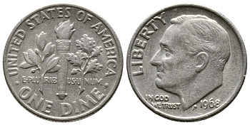 США 10 ЦЕНТОВ = 1 ДАЙМ 1968 РУЗВЕЛЬТ KM 195а медь плакированная медно-никелем 177-1435