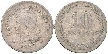 Аргентина 10 сентаво 1920 KM 35 медно-никель 4621-1052