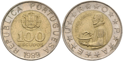 Португалия 100 эскудо 1989 Педру Нуниш (1502-1578), математик KM 645.1 биметалл 176-352