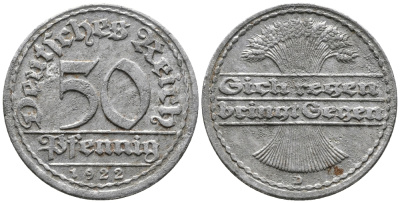 ГЕРМАНИЯ 50 ПФЕННИГОВ 1922 D KM 27, J. 301 алюминий 24-1053